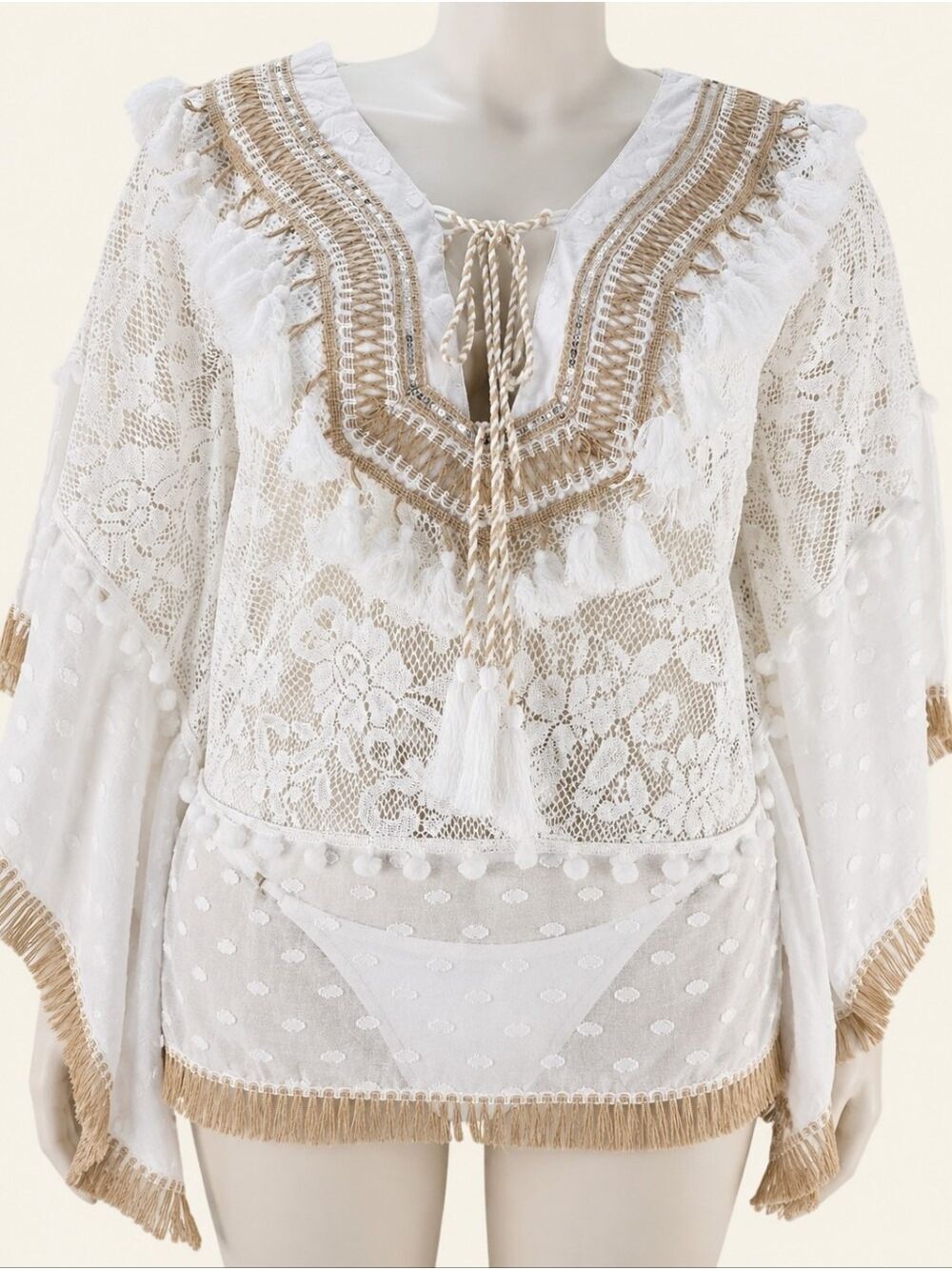 POL White Gold Boho Lace Tassel Beach Cover Up Tunic Small NIP